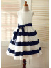 Ivory Taffeta Navy Blue Stripes Slit Back Knee Length Flower Girl Dress 